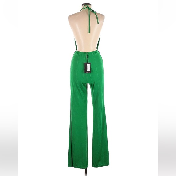 PrettyLittleThing Plunge Halter Neck Wide Leg Green Stripe Jumpsuit US 10 - Picture 4 of 10